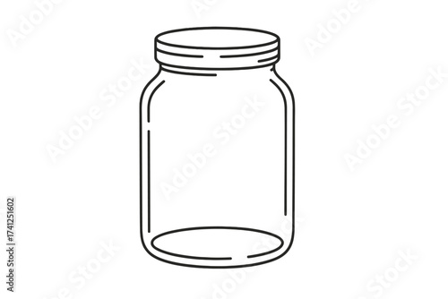 Empty glass jar vector illustration. Minimalist line art icon of a mason jar for food storage and preserving. Outline symbol for canning, jam, kitchen, or homemade concepts.