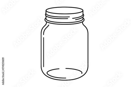 Glass jar thin line icon. Vector illustration of an empty mason jar for canning and preserving. Kitchen container for jam, jelly, honey or pickles. Outline sketch drawing symbol.