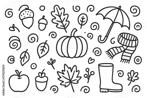 Hand drawn autumn doodle set. Fall season line art icon collection. Vector illustration with pumpkin, leaves, acorn, apple, umbrella, boot, scarf. Cute childish scribble elements.