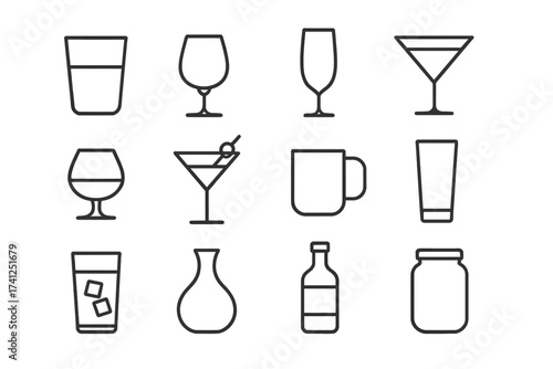 Glassware line icon set. Drink, beverage, alcohol symbols. Bar menu outline pictograms. Wine, cocktail, martini, whiskey glass. Water, juice, beer mug. Kitchen bottle, jar.
