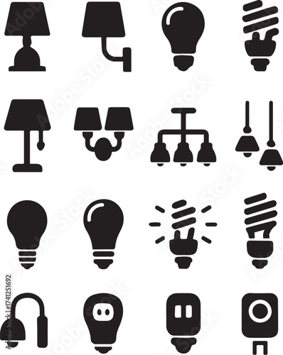 Lighting and electrical icon set in black silhouette style with lamps, bulbs, and plugs for interior, utility, and design themes