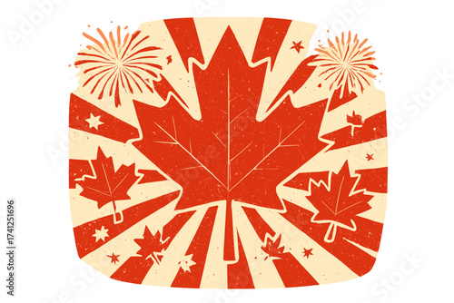 Happy Canada Day vector background illustration. First of July patriotic national holiday celebration. Retro vintage grunge poster with maple leaf, fireworks and sunburst.
