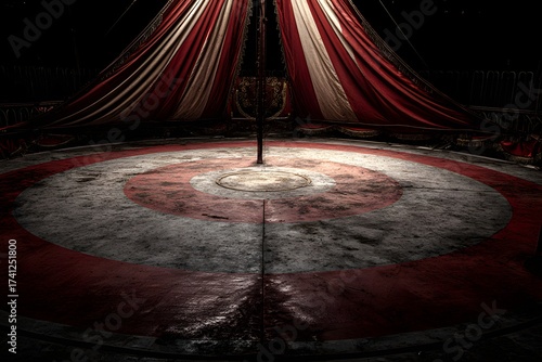 Circus tent with a red and white striped floor. The floor is empty and the tent is dark