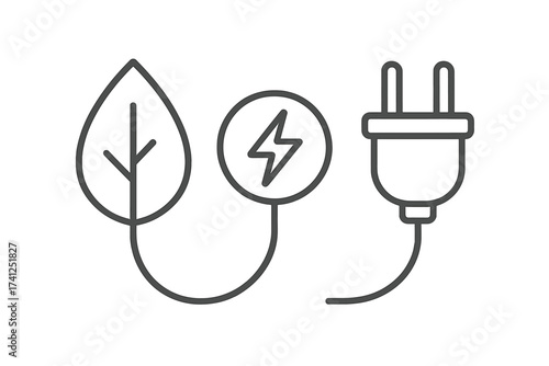 Green energy icon with leaf and electric plug. Thin line vector for renewable power, sustainability, ecology. Bio, natural, eco friendly concept for electricity saving, conservation.