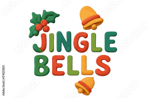 Jingle Bells Christmas clay lettering element. Festive winter holiday quote in naive childish style. Isolated 3D plasticine vector cartoon illustration on transparent background.