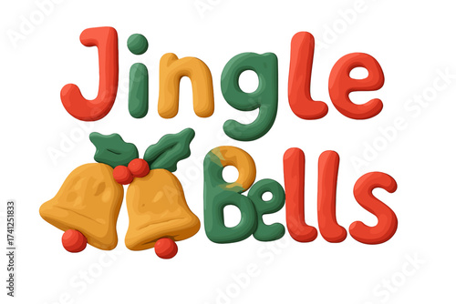 Jingle Bells Christmas clay lettering. Childish plasticine font for winter holiday. Cute handmade typography design element. Festive 3D play-doh text effect. Vector cartoon art.