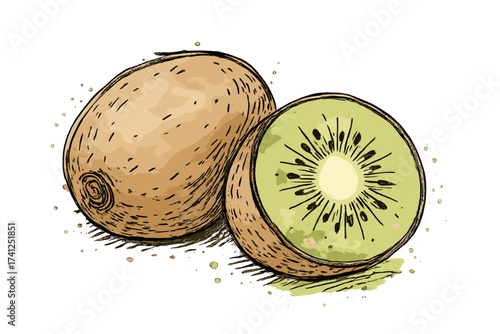 Kiwi fruit vector illustration in a sketch doodle style. Hand drawn fresh organic whole and half kiwi. Healthy food, vitamin rich diet concept. Watercolor effect fruit icon.