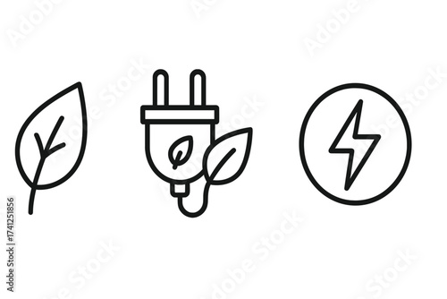 Green energy and electricity saving icon set. Leaf, plug, and lightning bolt symbols for sustainability, renewable alternative power, and eco friendly concepts. Vector line art.