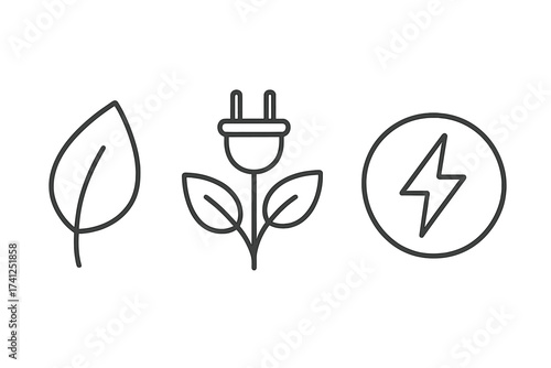 Green energy icon set. Leaf, plug plant and electricity symbols. Thin line vector illustration for sustainability, renewable and alternative power, saving energy concept.