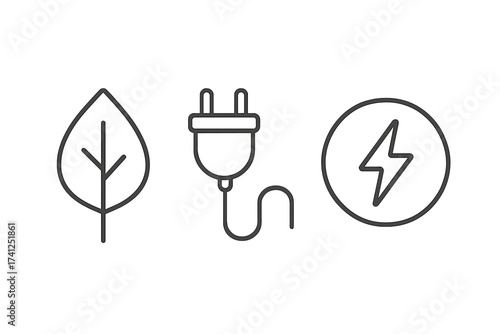 Green energy icon set. Leaf, plug, and lightning bolt symbols for sustainability, renewable power, and eco friendly electricity. Vector thin line outline illustration concept.