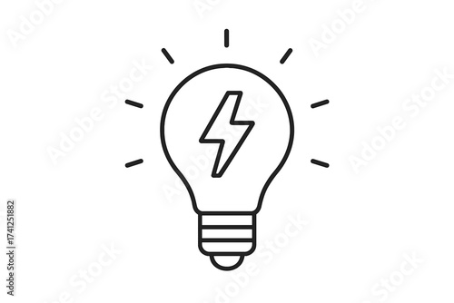 Lightbulb with electricity thunder symbol. Vector line icon illustration for concepts of energy, power, brainstorming, thinking. Metaphor for creativity, innovation, bright idea.