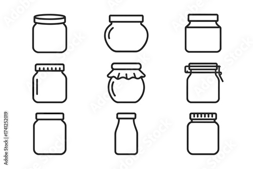 Glass jar and bottle line icon set. Vector collection of outline glassware containers. Editable stroke symbols for food storage, jam, honey, canning, kitchen and preserving.