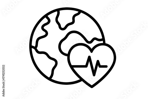 Earth health day concept with planet globe, heart and lifeline. World health, environmental care vector icon. Save the planet, ecology, global love & peace illustration.