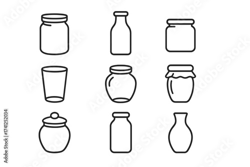 Glassware line icon set. Collection of glass jar, bottle, and container symbols. Editable stroke vector icons for food storage, canning, packaging, jam, honey, milk, and drink.