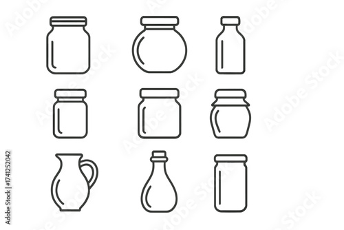 Glassware line icon set. Collection of glass jars, bottles, and jug. Editable stroke vector symbols for web, apps, design. Minimalist outline pictogram for food, canning.