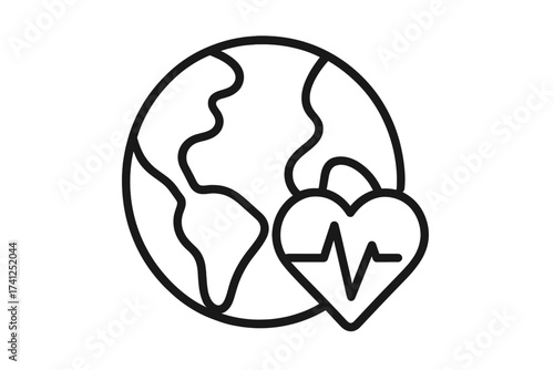 Planet earth health concept. Globe with a heart and lifeline pulse. World health day. Ecology and environment care. Save the planet vector thin line icon illustration.