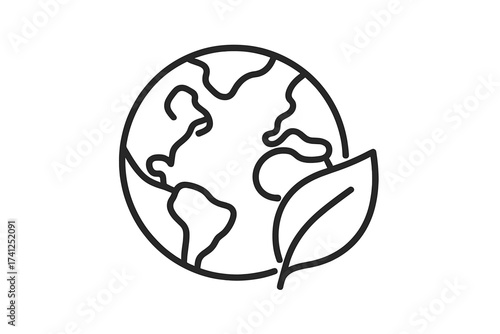 Planet earth with leaf icon vector line art. World ecology, environment care, and climate awareness concept. Go green, sustainable, eco friendly, and nature conservation symbol.