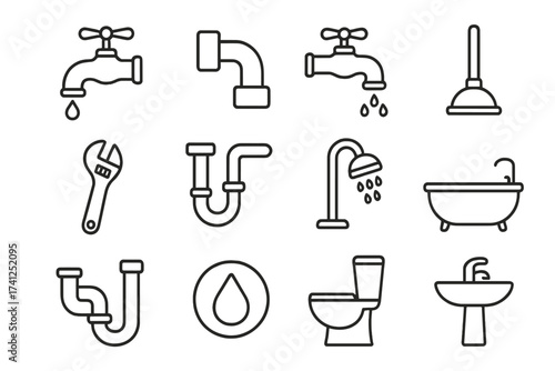Plumbing service and bathroom fixtures line icon set. Collection of simple outline symbols like faucet, pipe, toilet, shower, sink, plunger. Editable stroke vector pictograms.