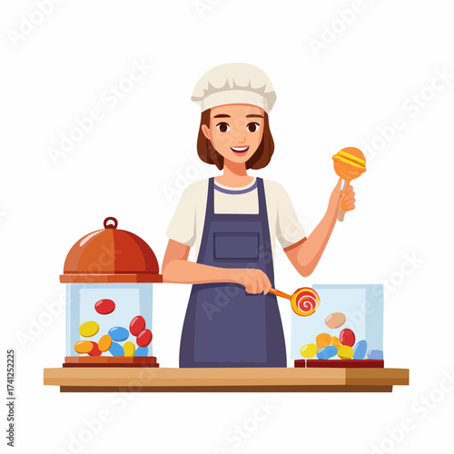 Candy shop worker smiling with sweets and treats