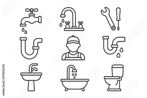 Plumbing service line icon set. Plumber, bathroom fixtures, repair tools collection. Faucet, sink, toilet, pipe leak, drain. Editable stroke vector illustration for web, apps.