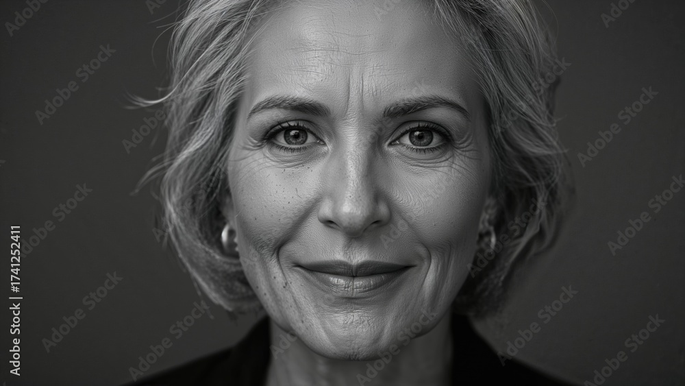 Fototapeta premium Close-up portrait of an elderly woman with short gray hair and a neutral expression, captured in black and white photography highlighting facial features and textures.