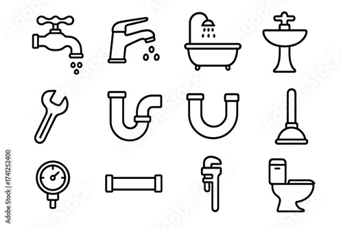 Plumbing line icons set. Bathroom fixtures, sanitary engineering elements. Faucet, pipe, toilet, sink, bathtub, wrench, plunger outline pictograms. Vector illustration.