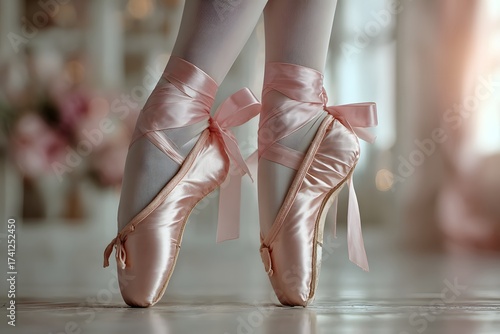 Pair of pink ballet slippers with ribbons tied to the toe. The slippers are on a white floor