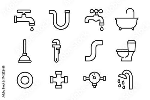 Plumbing and Faucet Bathroom Line Icon Set, Editable Stroke Vector Collection for Web, Books, Cards, Apps, Plumbing Tools, Fixtures, Shower, Toilet, Pipes