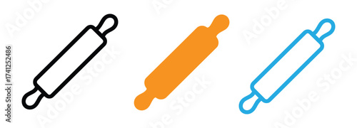 Vector art of three rolling pins a black outline, an orange, and a blue one, all angled slightly to the left, representing baking and cooking tools for dough