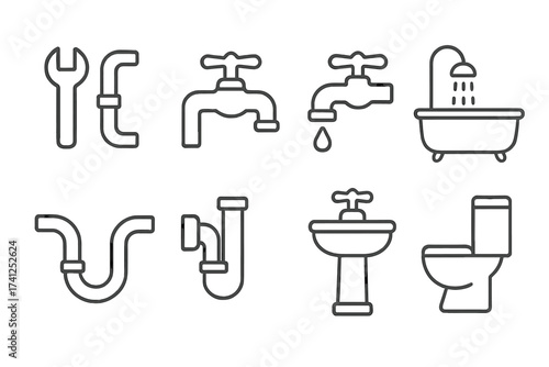 Plumbing faucet bathroom thin line icons collection with editable stroke, suitable for web design, books, cards, apps, vector cartoon illustration with transparent background