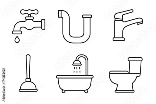 Plumbing and Bathroom Thin Icon Collection with Editable Stroke. Vector Cartoon Illustrations of Faucet, Bathtub, Shower, Toilet, Pipe, and Plunger for Websites, Books, Cards, and Apps