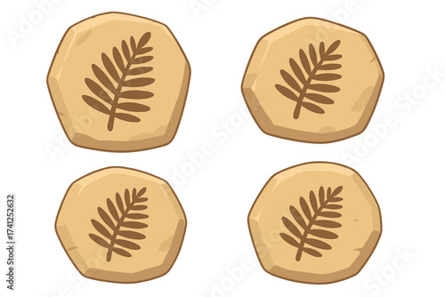 Prehistoric plant fossil stone with ancient fern leaf imprint, paleontology science nature concept, tropical jungle forest silhouette on beige rock, cartoon style