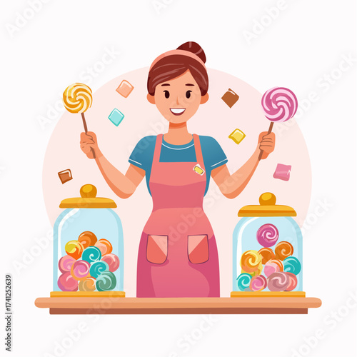 Candy shop owner with lollipops and sweets