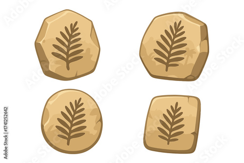Prehistoric plant fossil stone engraved fern leaf imprint, ancient nature paleontology science with cartoon beige rock silhouette of tropical jungle forest plant illustration