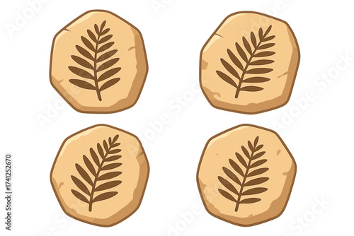 Prehistoric plant fossil stone fern leaf imprint on beige ancient rock, tropical jungle silhouette, paleontology science illustration, nature history vector