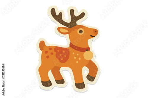 Cute reindeer Christmas holiday sticker, torn paper collage style, vintage clay toy design, cartoon vector illustration with festive charm and warm colors