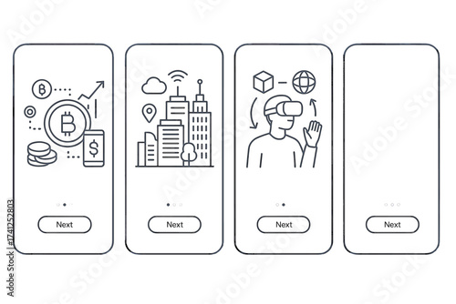 Set of onboarding screens user interface kit for cryptocurrency trading, smart city technology, virtual reality interaction, modern UX UI mobile app templates, digital finance, urban innovation