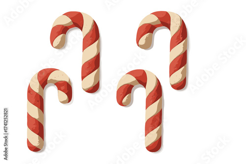 Red and Cream Candy Cane Christmas Clay Toy, Handmade Plasticine Candy Stick Illustration, Festive Holiday Sweet Treat in Naive Childish Style, Isolated Cartoon Vector
