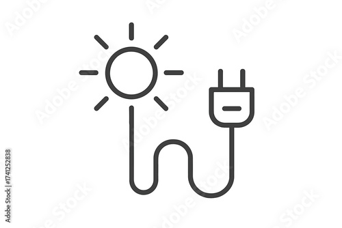 Solar power energy concept. Sun icon with electric plug and cable. Renewable energy symbol, solar electricity, clean energy source, alternative power vector line outline