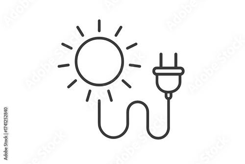 Solar power energy icon with sun, cable, and electric plug. Outline vector illustration representing renewable energy, sunlight, clean electricity, green power, and sustainable technology concept.