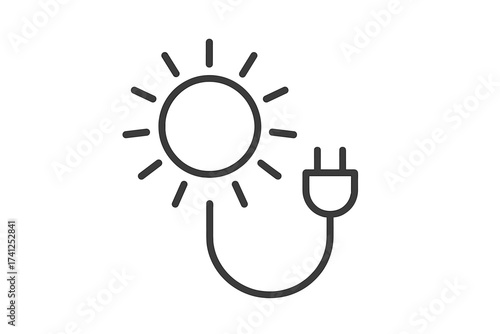 Solar power energy vector icon with sun, cable, and plug. Thin line illustration for renewable electricity, sustainable energy, sunlight concept, green power