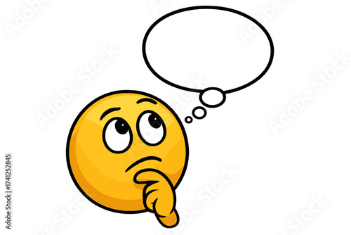 Thinking emoticon vector character with hand on chin, looking up at empty comic thought bubble, cartoon emotion expression, transparent background illustration