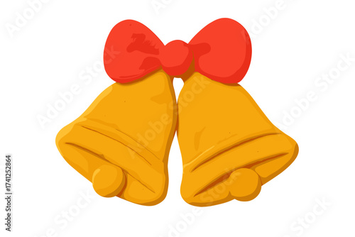 Christmas clay bells with red bow, festive plasticine toy decoration, naive childish style vector illustration, holiday symbol isolated on transparent background