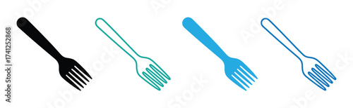 Vector art of four forks in black, green, blue, and light blue are arranged against a white backdrop, showcasing different color variations of this common utensil