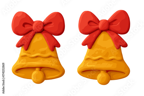 Two Christmas Bells with Red Bow Clay Ornament, Claymation Style Holiday Decoration, Cartoon Plasticine Bell Illustration with Transparent Background