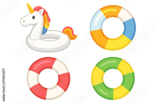 Colorful unicorn inflatable pool float and striped lifebuoy rings set, summer beach toys, water safety floats, fun swim accessories, vibrant vector illustration