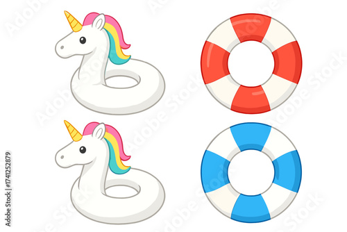 Vector set of unicorn inflatable pool ring and colorful beach buoy floats, summer swim accessories, water safety rings, fun outdoor swimming icons with transparent background, vibrant design