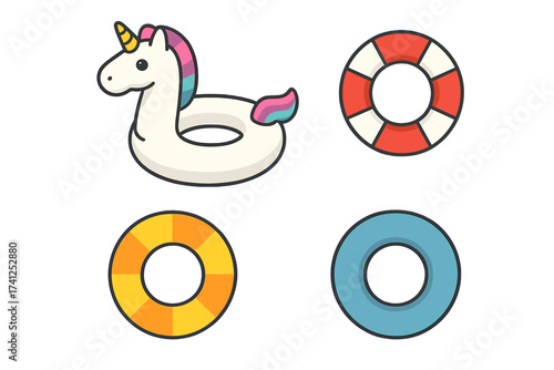 Colorful Unicorn Inflatable Pool Float and Classic Beach Buoy Rings Vector Set, Summer Water Toys Collection, Fun Pool Accessories, Transparent Background