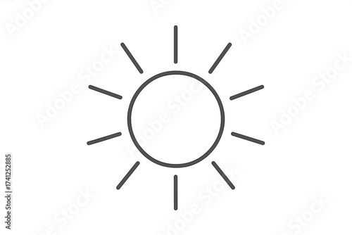Minimalist thin line sun icon vector illustration, bright sunshine symbol, sunlight rays stylized drawing, transparent background, modern sunny weather design