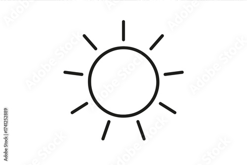 Minimal thin line vector icon illustration of bright sun with sunshine rays, sunlight, clear sky, solar energy concept, transparent background